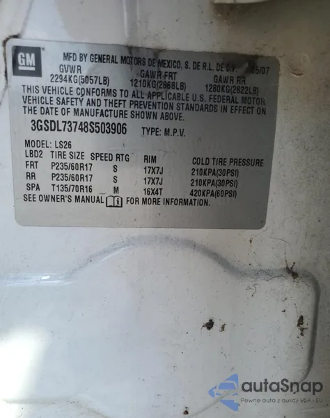 2008 Saturn Vue z USA, uszkodzony, nr VIN 3GSD173748S503906